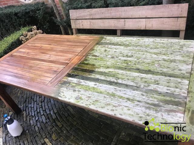 Onderzoek in België naar reiniging met ENZYMEN in plaats van chemische reiniging. De tuinset op de foto in 20 minuten schoon.